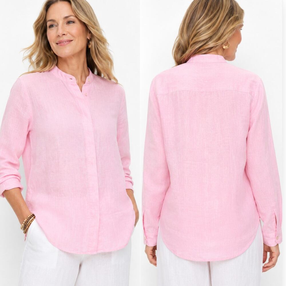 Segg'Edizione Made in Italy 100% Linen Pink Mandarin Collar Button Up Shirt XL
